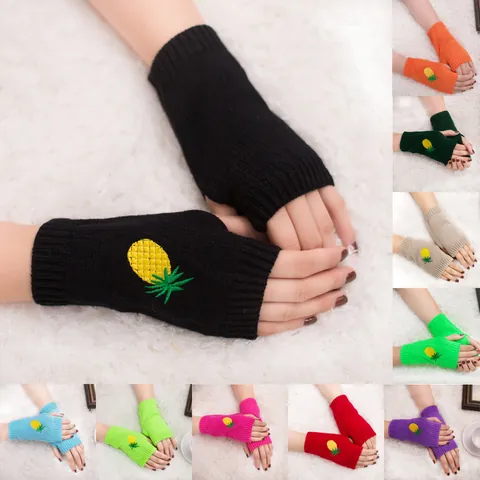 Gants à Mi-Doigts Tricotés avec Broderie Ananas pour Femmes Automne Hiver Chaud Crochets Manches de Bras Frais Sucrés Mitaines