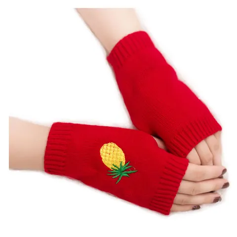 Gants à Mi-Doigts Tricotés avec Broderie Ananas pour Femmes Automne Hiver Chaud Crochets Manches de Bras Frais Sucrés Mitaines