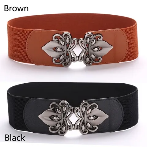 Plus Size Women Wide Elastic Waist Belt Vintage Hollow Floral Alloy Buckle Decorative Waistband For Dresses Skirts Fashion Cincher