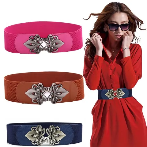 Plus Size Women Wide Elastic Waist Belt Vintage Hollow Floral Alloy Buckle Decorative Waistband For Dresses Skirts Fashion Cincher