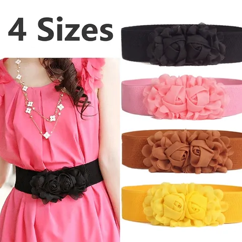 Women Plus Size Elastic Belt Floral Faux Leather Cinch Belt With 3D Chiffon Flowers Decorative Waistband For Dresses