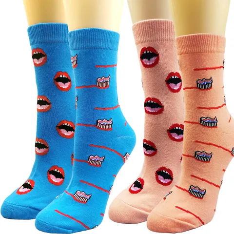 Unisex Novelty Crew Socks Cotton Blend Lips Toothbrush Illustration Print Trendy Fashion Socks For Men Women Casual Style