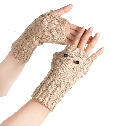 Uil Gebreide Vingerloze Handschoenen Dames Kabelgebreide Winter Warme Handwarmers Acryl Gehaakte Halve Vinger Wanten