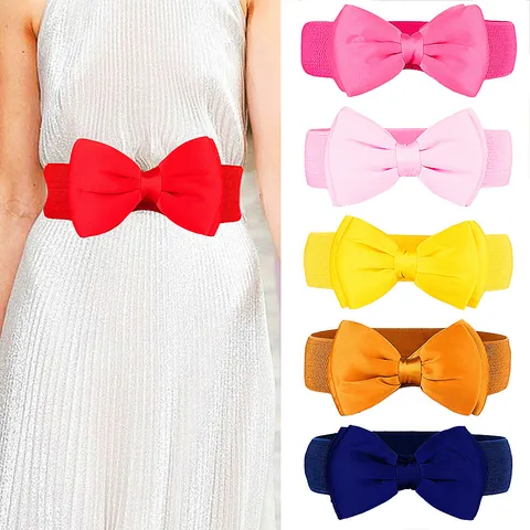 Plus Size Women Kids Elastic Bow Belt Stretchy Chiffon Bowknot Waistband For Dress Fashion Decorative Waist Cincher Accessories