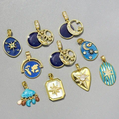 Vintage Copper Enamel Celestial Pendants DIY Jewelry Charms Star Moon Heart Evil Eye Rhinestone Findings For Necklace Making Women Accessories