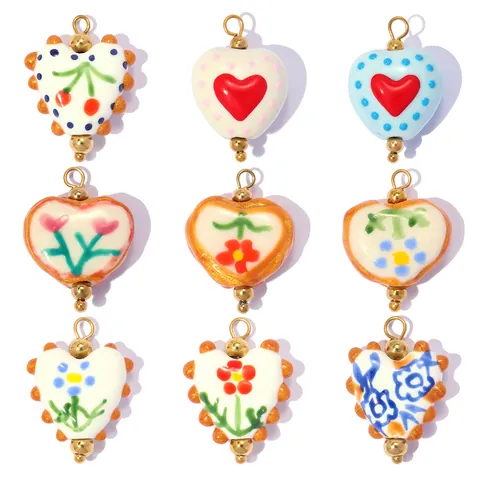 Handmade Ceramic Heart Pendants For Jewelry Making DIY Earrings Necklace Accessories Hand Painted Polka Dot Cherry Floral Titanium Steel Charm