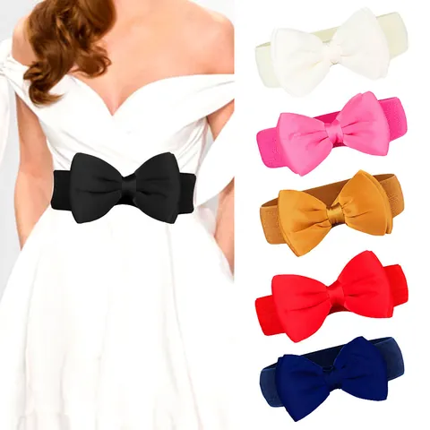 Plus Size Women Kids Elastic Bow Belt Stretchy Chiffon Bowknot Waistband For Dress Fashion Decorative Waist Cincher Accessories