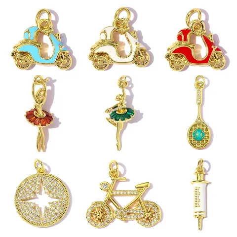 Copper Zirconia DIY Pendant For Women Ballet Girl Scooter Bicycle Tennis Racket Syringe Shape Charms For Jewelry Making DIY Findings