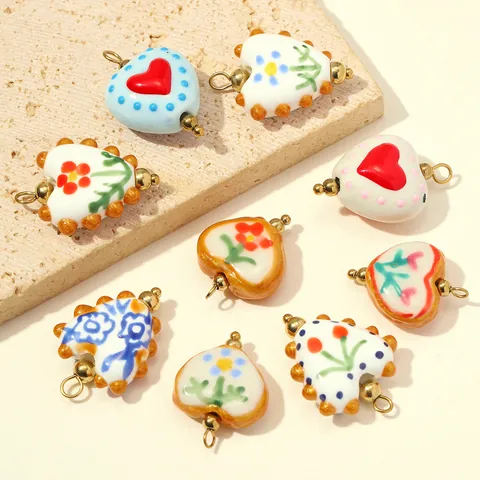 Handmade Ceramic Heart Pendants For Jewelry Making DIY Earrings Necklace Accessories Hand Painted Polka Dot Cherry Floral Titanium Steel Charm