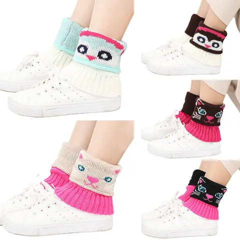 Women Cute Cartoon Jacquard Knit Boot Cuffs Acrylic Patchwork Animal Pattern Winter Warm Leg Warmers Boot Socks Short Foot Covers