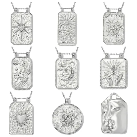 Vintage Edelstahl Tarotkarten Anhänger Für Damen Silber Sonne Mond Herz Abstraktes Gesicht DIY Schmuckherstellung Halskette Charm Eingelegt Strass Retro Zubehör