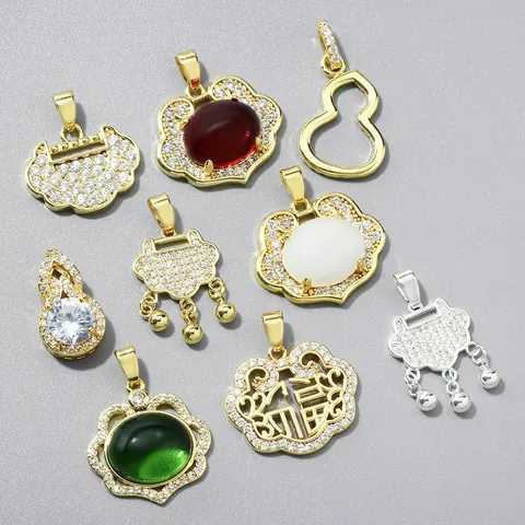 DIY Auspicious Cloud Safety Lock Gourd Copper Zirconia Pendant 18K Gold Plated Lucky Jewelry Necklace Finding For Women