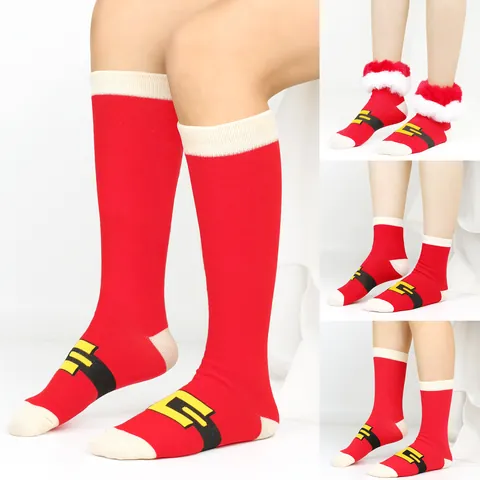 Christmas Santa Claus Belt Pattern Warm Socks Red White Fuzzy Trim Festive Mid Calf Socks For Women Men Kids Holiday Apparel