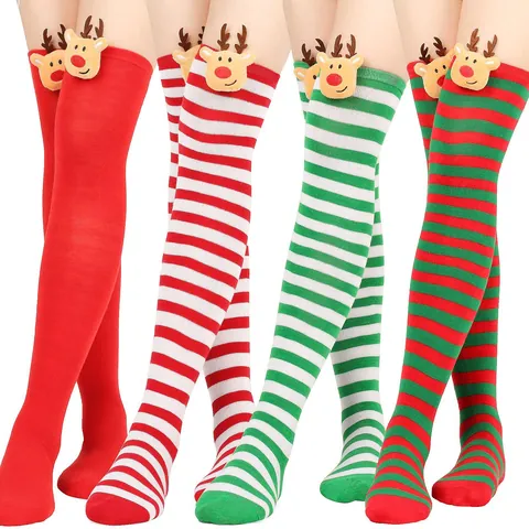 Calcetines Sobre La Rodilla de Navidad para Mujer Decoración de Renno 3D Medias Altas a Rayas Accesorios de Fiesta Festiva