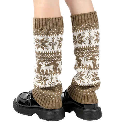 Women Christmas Knitted Leg Warmers Thick Acrylic Warm Snowflake Deer Pattern Boot Cuffs Crochet Thigh High Long Socks