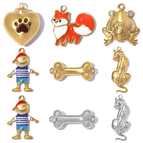 Titanium Steel DIY Pendant Charms Enamel Fox Boy Frog Bone Leopard Shapes For Jewelry Making Necklace Bracelet Accessory Only