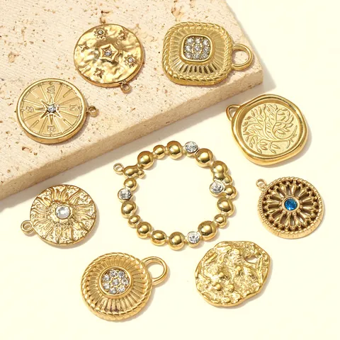 Stainless Steel Sun Star Tree of Life Compass Embossed Round Pendant Gold Plated Rhinestone DIY Jewelry Findings For Women