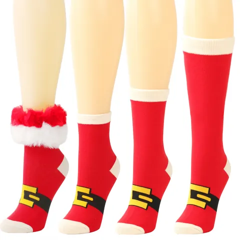 Christmas Santa Claus Belt Pattern Warm Socks Red White Fuzzy Trim Festive Mid Calf Socks For Women Men Kids Holiday Apparel