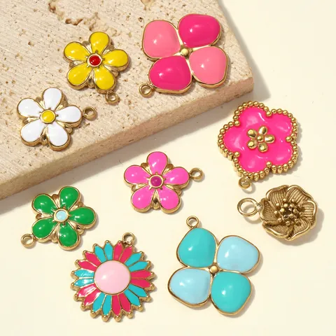 Stainless Steel Enamel Floral Pendants DIY Daisy Sunflower Four Leaf Clover Five Petal Flower Charms For Jewelry Making Bracelet Necklace Accessories