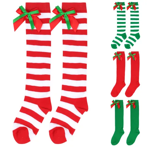 Kids Christmas Over The Knee Socks Double Layer Bow Girls Striped Long Socks Cute Holiday Stockings Festive Party Wear