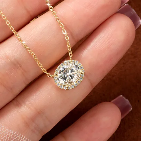 2 Carat Oval Moissanite Halo Pendant Necklace For Women Copper Gold White Gold Plated Luxury Fashion Everyday Jewelry Gift