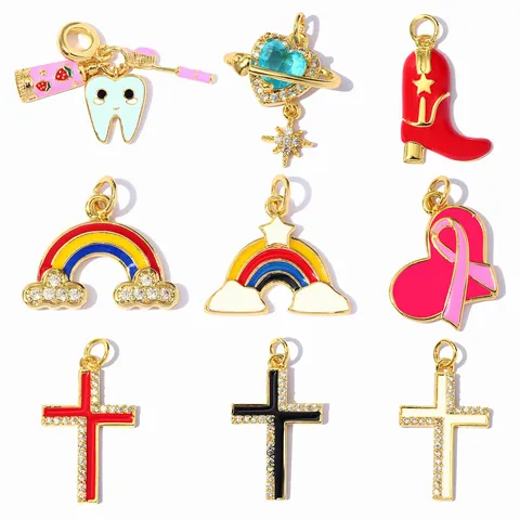 Pendente Fai da Te in Rame Zirconia Smalto per Collana Bracciale Creazione Gioielli Croce Occidentale Cuore Arcobaleno Stivali Charms Accessori