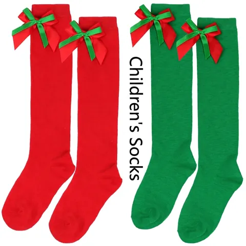 Kids Christmas Over The Knee Socks Double Layer Bow Girls Striped Long Socks Cute Holiday Stockings Festive Party Wear