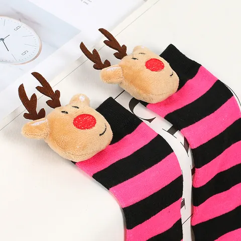 Children Christmas Socks 3D Reindeer Doll Stockings Striped Over The Knee Socks For Girls Boys Winter Warm Cartoon Novelty Socks