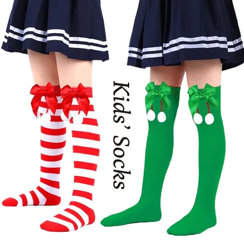 Girls Christmas Over-the-Knee Socks Cute Bow Pom-pom Striped Long Socks For Children Autumn Winter Festive Accessories
