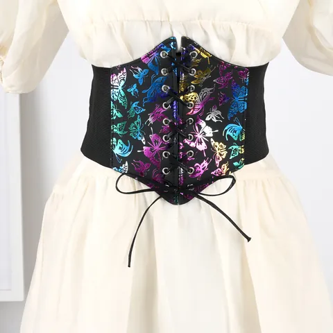 Women Fashion Butterfly Print Wide Waist Belt Neon Lace Up Corset Belt Elastic Waist Cincher Gothic Slimming Accessories