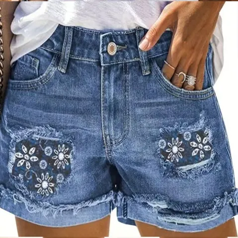 Pantaloncini di Jeans da Donna Streetwear a Vita Media Strappati con Patchwork Floreale Orlo a Taglio Vivo Lavati Casual Blu