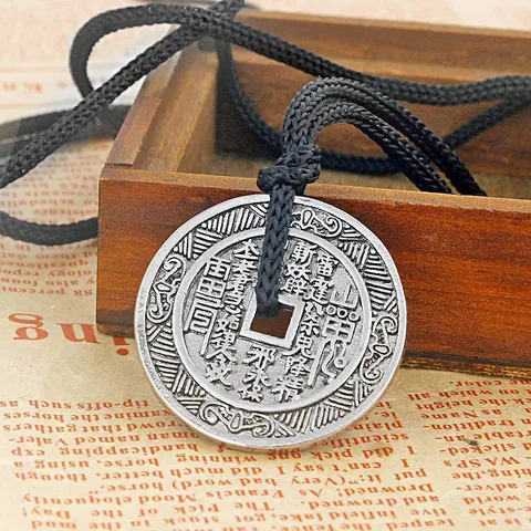 Vintage Alloy Bagua Amulet Pendant Necklace For Men Women Antique Silver Coin Protective Talisman Pendant With Black Cord