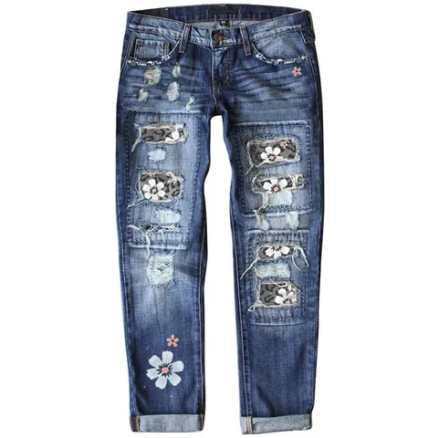 Jeans in Denim Strappati da Donna Slim Fit Patchwork Girasole Leopardo Gamba Dritta Pantaloni Lunghi Streetwear Boho