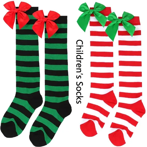 Girls Christmas Bow Over The Knee Socks British Style Striped Long Stockings Festive Holiday Princess High Tube Socks For Kids