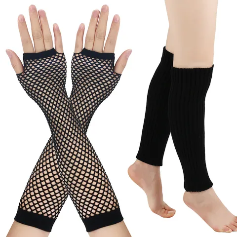Retro 80s Disco Party Neon Fishnet Gloves and Knitted Leg Warmers Set Ribbed Leg Warmers Hollow Fingerless Gloves For Women