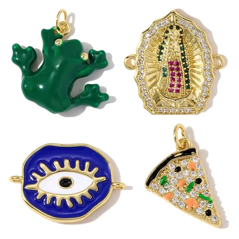 Copper Gold Plated Zirconia Enamel Evil Eye Virgin Mary Pizza Frog Charms For DIY Jewelry Necklace Bracelet Making Pendants Findings