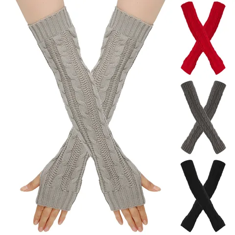 Dames Kabelgebreide Armwarmers Lang Dik Warm Winter Vingerloze Handschoenen Acryl Haken Handmouwen Effen Kleur Wanten