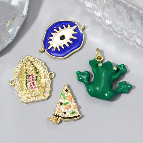 Copper Gold Plated Zirconia Enamel Evil Eye Virgin Mary Pizza Frog Charms For DIY Jewelry Necklace Bracelet Making Pendants Findings