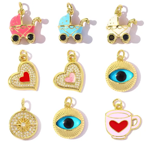Copper Zirconia Enamel Pendant Charms Evil Eye Life Tree Heart Stroller Coffee Cup For DIY Jewelry Making Necklaces Accessories