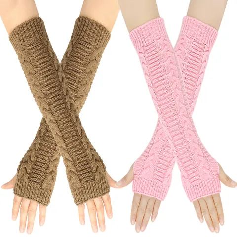 Women's Autumn Winter Warm Cable Knit Arm Warmers Long Fingerless Gloves Acrylic Knitted Extra Long Sleeves For Daily Wear