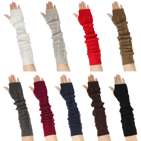 Dames Kabelgebreide Armwarmers Lang Dik Warm Winter Vingerloze Handschoenen Acryl Haken Handmouwen Effen Kleur Wanten