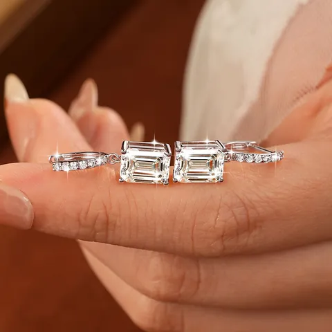 Elegant Emerald Cut Moissanite Hoop Drop Earrings For Women Copper Electroplated Rhinestone Inlaid Dangle Earrings Jewelry