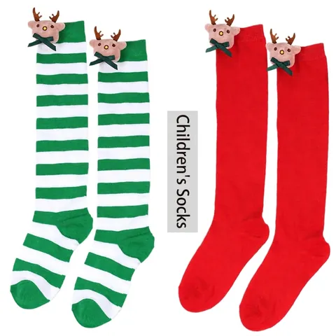 Children Christmas Reindeer Doll Long Socks Striped Over The Knee Knit Stockings For Girls Winter Warm Festive Party Accessories