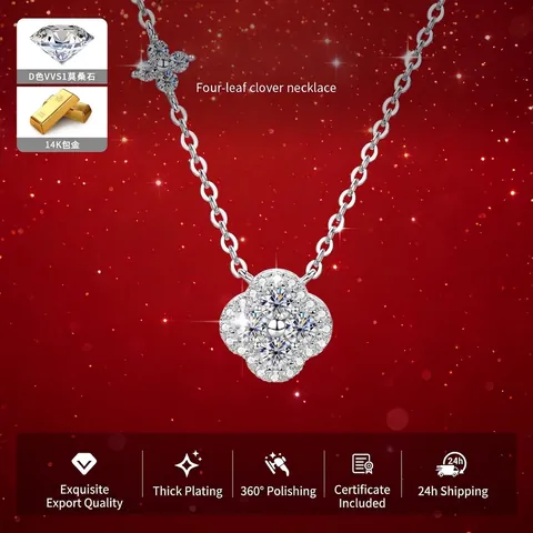 Collar de Trébol de Cobre Chapado en Oro de 14K con Moissanita Para Mujer Color D VVS1 Certificado GRA Collar con Colgante Dulce