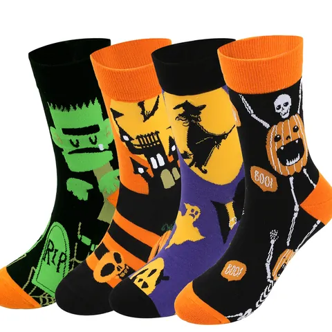 Halloween Men Extra Large Cotton Mid-Calf Socks Retro Festive Witch Pumpkin Pattern Breathable Winter Warm Party Stockings