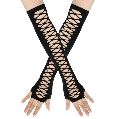 Women Gothic Punk Hollow Out Mesh Long Gloves Fingerless Arm Warmers Black Crisscross Fishnet Sleeves For Nightclub Cosplay Party Accessories