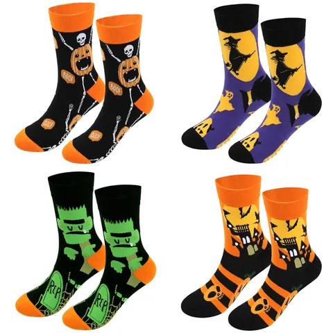 Halloween Men Extra Large Cotton Mid-Calf Socks Retro Festive Witch Pumpkin Pattern Breathable Winter Warm Party Stockings