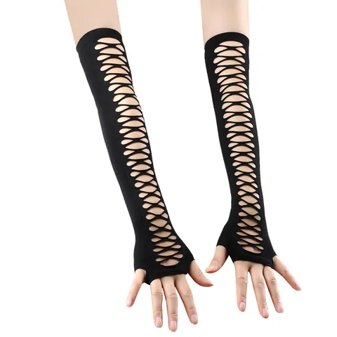 Women Gothic Punk Hollow Out Mesh Long Gloves Fingerless Arm Warmers Black Crisscross Fishnet Sleeves For Nightclub Cosplay Party Accessories