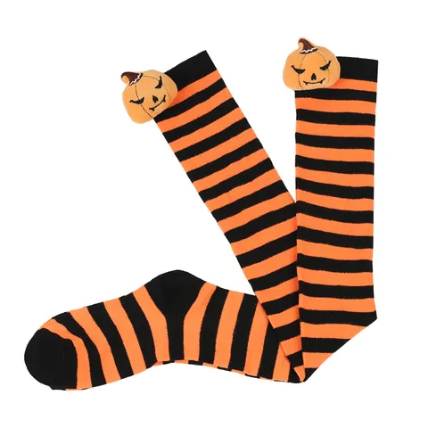 Women's Halloween Pumpkin Doll Over-the-Knee Socks Striped Thigh High Stockings For Cosplay Party Costume Accessories