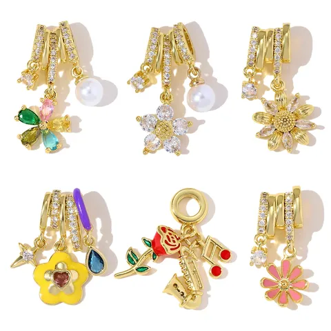 Vintage Copper Rhinestone Daisy Flower Pendant Artificial Pearl Musical Instrument Grape Charms For DIY Necklace Making Women Jewelry